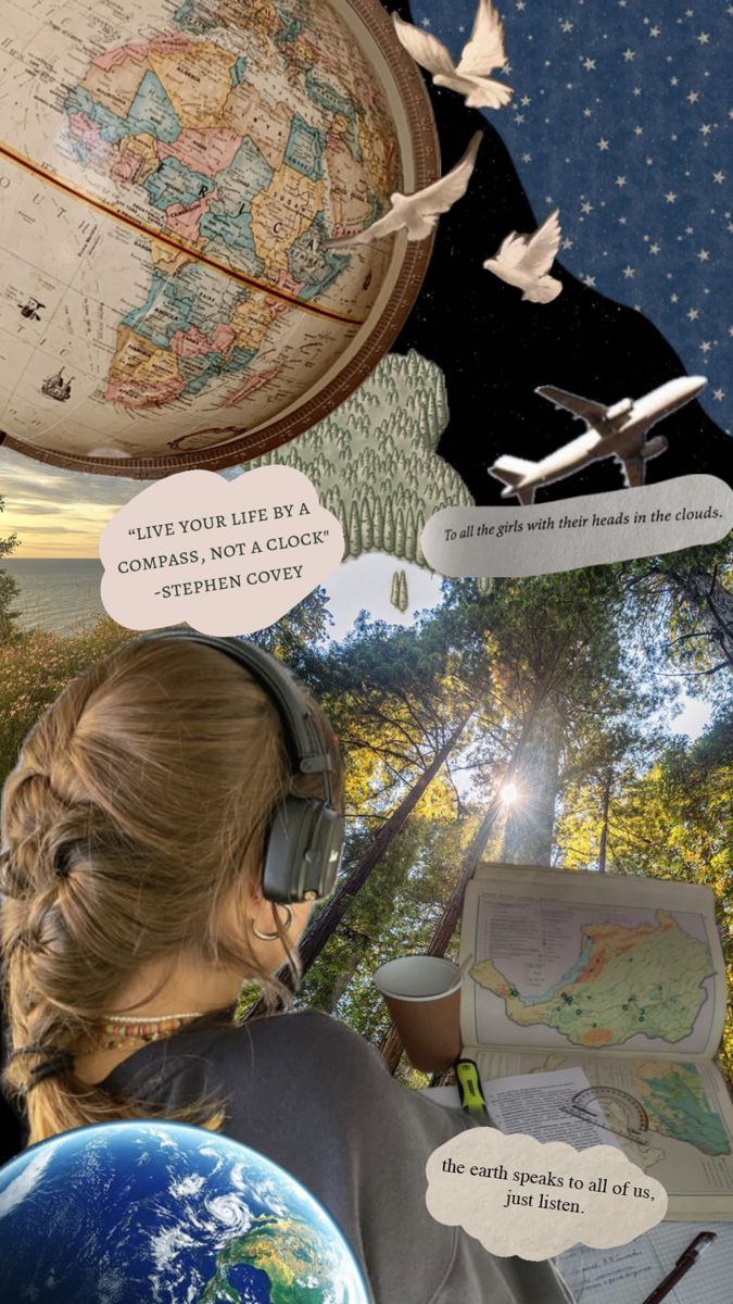 a woman with headphones on looking at a map and an airplane in the sky