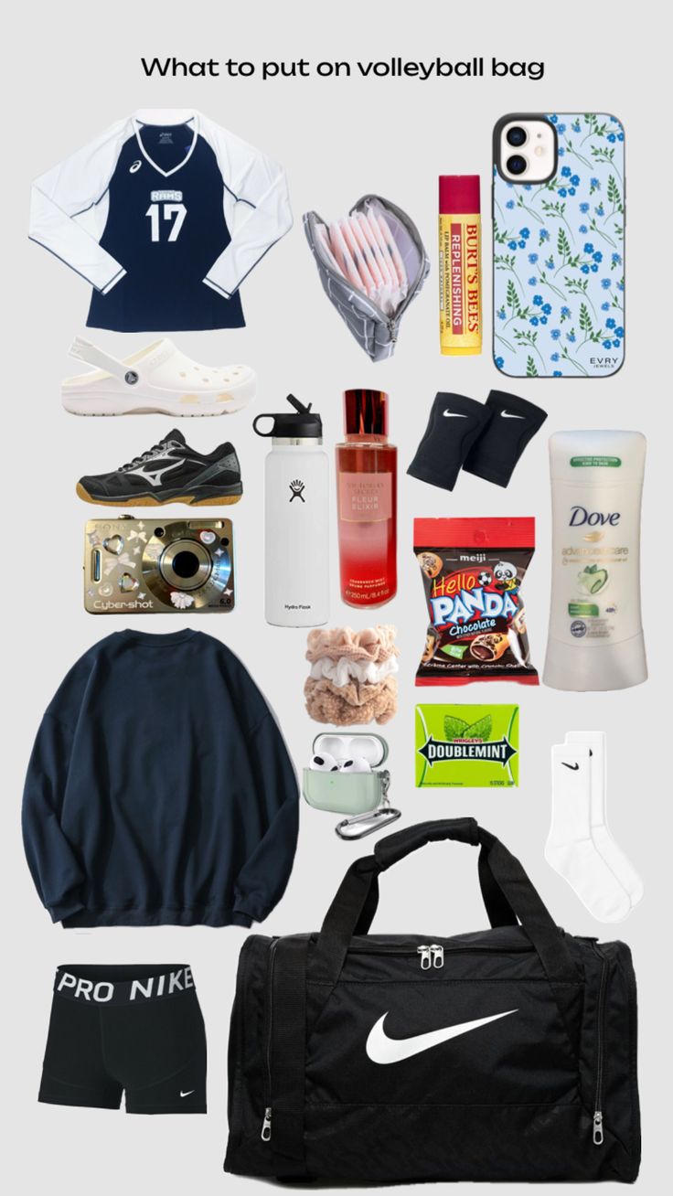 the contents of a travel bag laid out on a white background with text that reads, what to put on volleyball bags