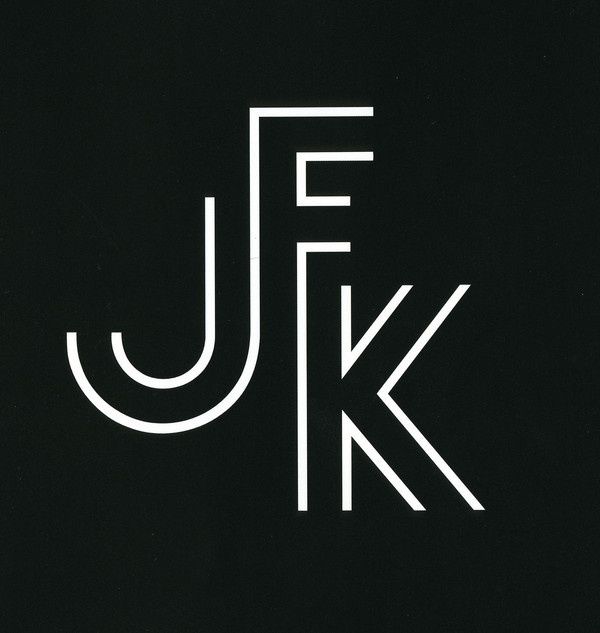 the j f k logo is shown in white on a black background with an e - letter