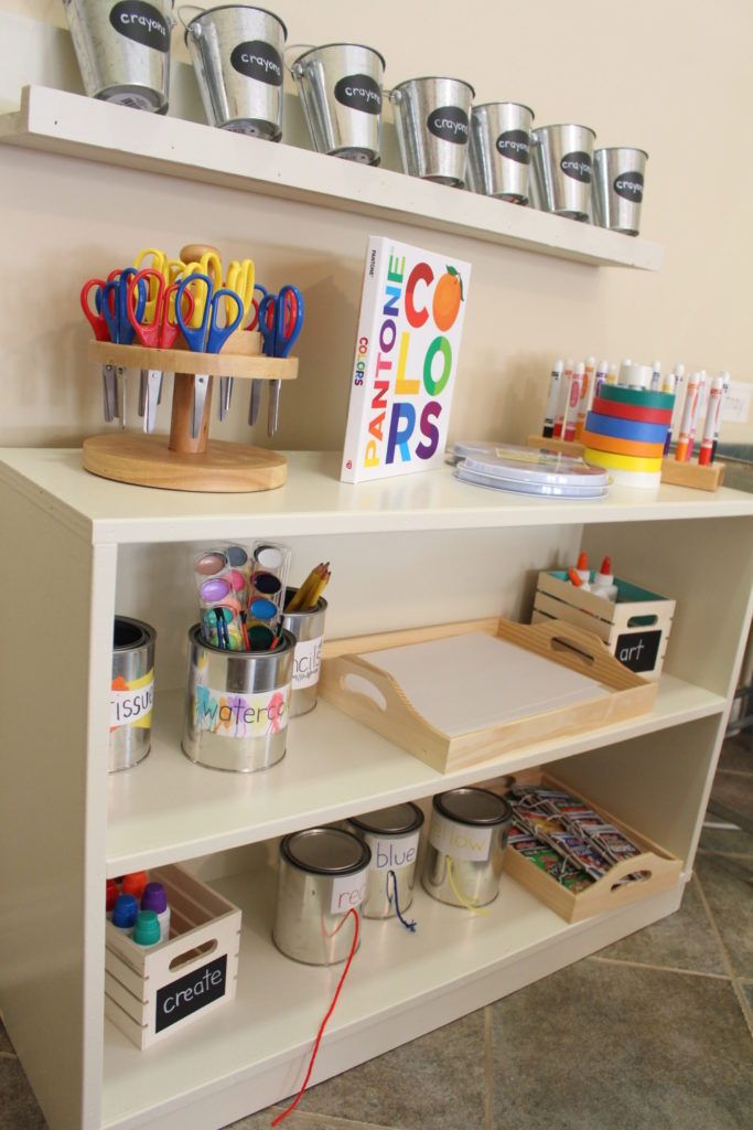 the shelves are filled with art supplies and crafting supplies for kids to use in their homes