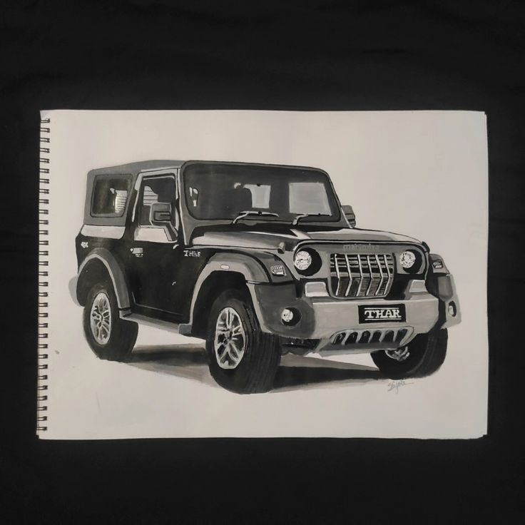 a black and white drawing of a jeep