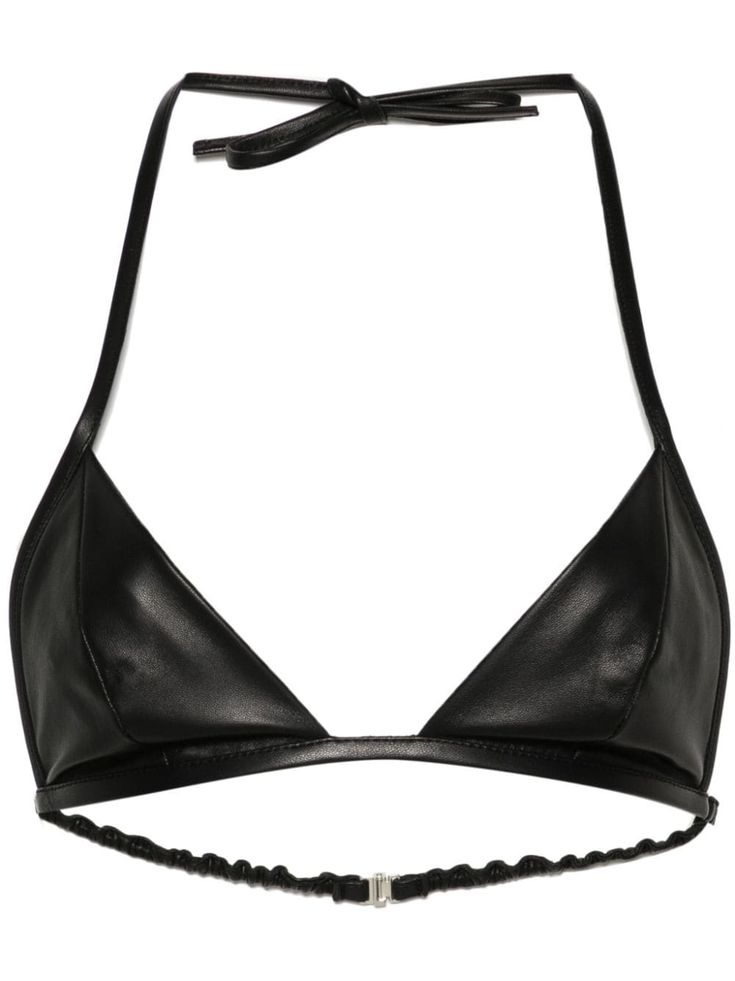 black lambskin halterneck tie fastening triangle cup rear clasp fastening elasticated underband full lining Singer Dr, Leather Bra, Rick Owens Women, Concept Clothing, Fashion Design Sketches, Dolce E Gabbana, Van Cleef Arpels, Triangle Top, Bra Top