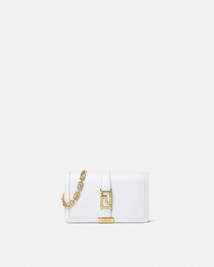 Versace Greca Goddess Mini Bag for Women | US Online Store Chic Wallet On Chain With Metal Logo For Everyday, White Evening Bag With Metal Logo, White Shoulder Bag With Metal Logo For Evening, Timeless Rectangular Bags With Logo Hardware, Timeless Rectangular Bag With Logo Hardware, Elegant White Crossbody Wallet On Chain, Evening Wallet On Chain With Metal Logo, Rectangular Evening Wallet On Chain With Metal Logo, White Rectangular Wallet On Chain For Evening