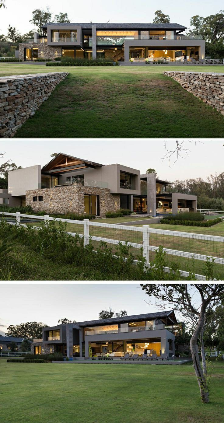 three different views of a modern house in the countryside