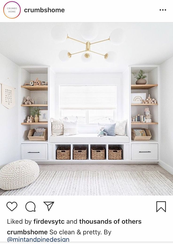 a room with white walls and shelves filled with items on top of the shelf is an instagram post