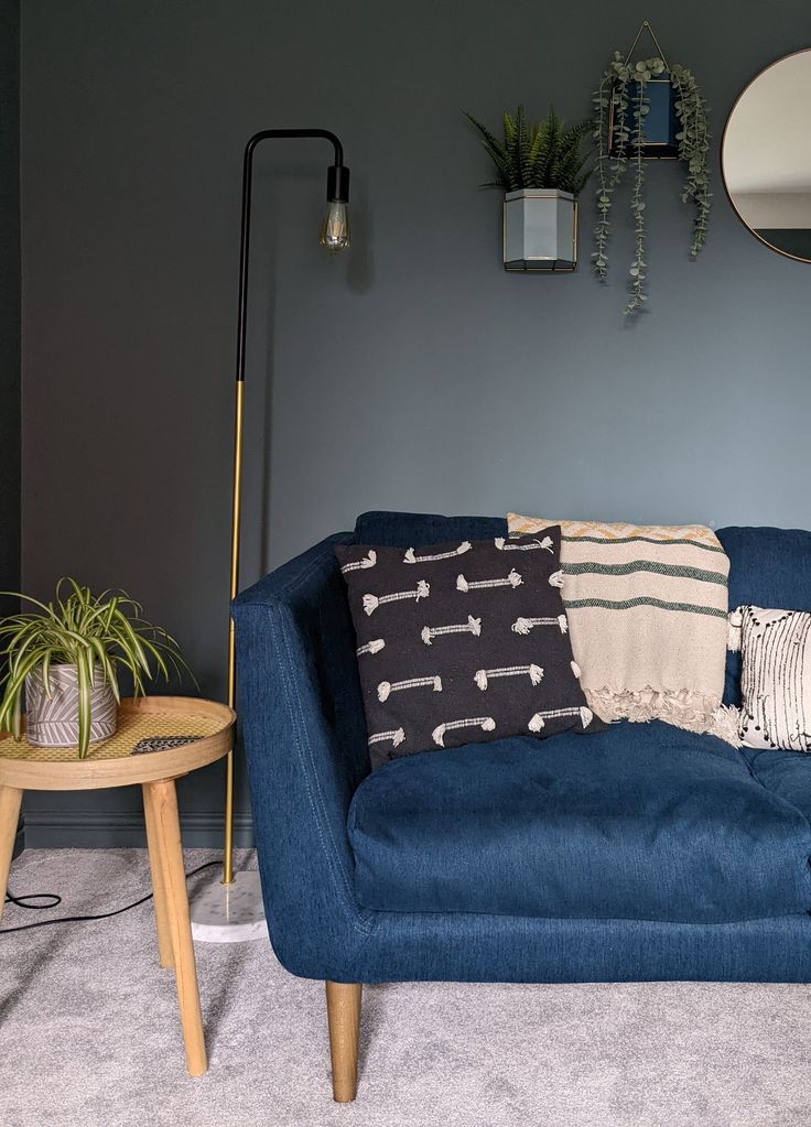 a living room with a blue couch, mirror and potted plants on the wall