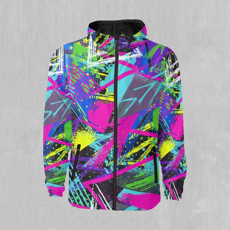 a colorful jacket with an abstract design on the front and back, all over print