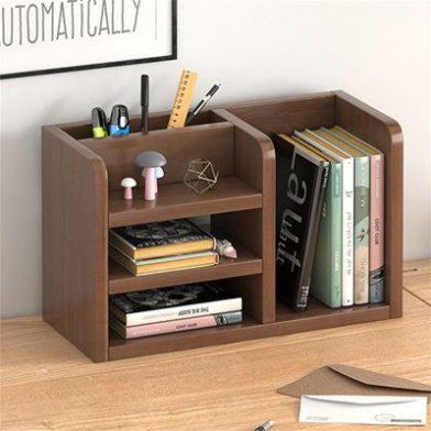 a book shelf with books and pens on it