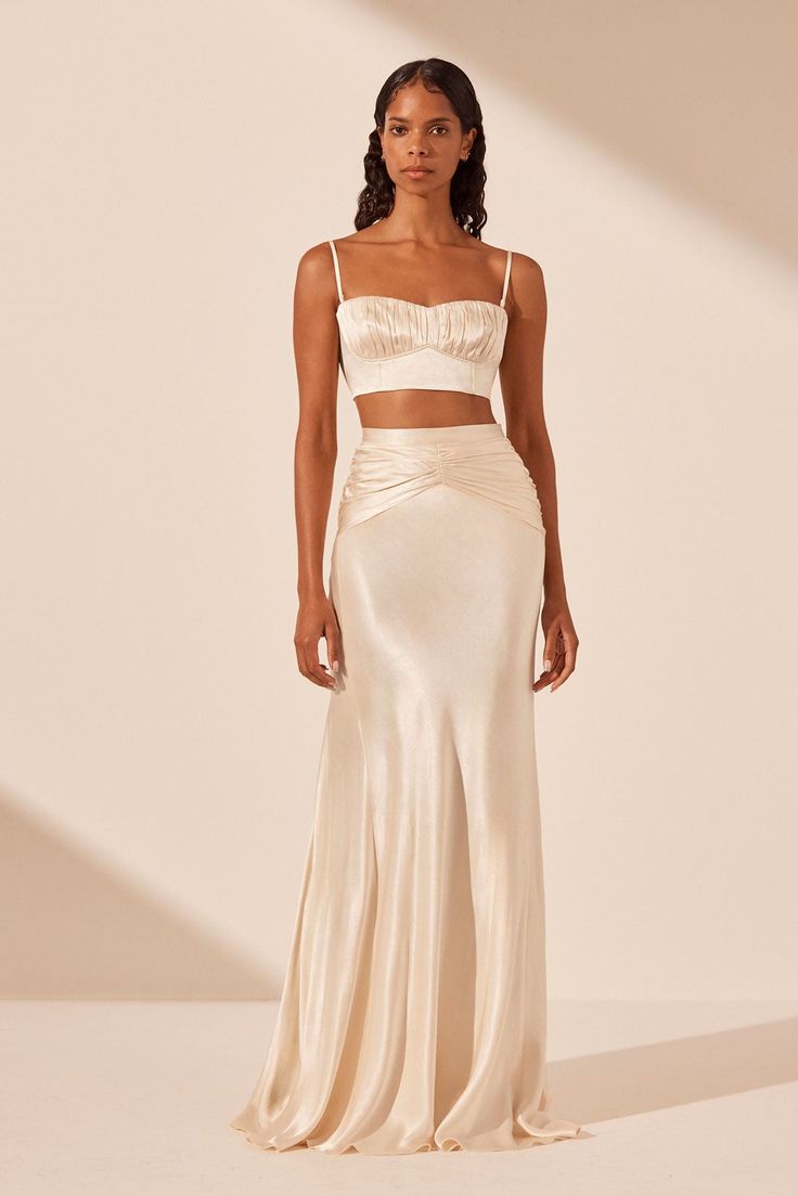 La Lune Ruched Maxi Skirt | Cream | Skirts | Shona Joy Shona Joy La Lune, Shona Joy Dress, Cream Crop Top, Cream Skirt, High Waisted Maxi Skirt, Shona Joy, Ruched Dress, China Fashion, Bra Tops