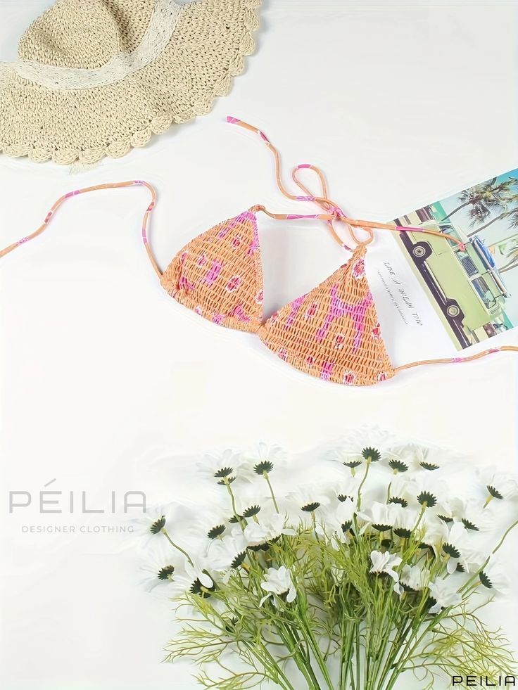 Peilia - Womens Floral Print Shirred Triangle Bikini Top: Halter Tie Strap, Backless Swimsuit Top for Pool and Beach, Swimwear and Apparel Pink Bohemian Swimwear For Summer, Bohemian Pink Swimwear For Summer, Multicolor Seamless Swimwear For Vacation, Multicolor Seamless Swimwear For Summer, Halter Neck Swimwear For Festival Vacation, Seamless Swimwear For Summer Festivals, Summer Beach Triangle Top Swimwear, Summer Beach Swimwear With Triangle Top, Summer Festival Triangle Top Swimwear