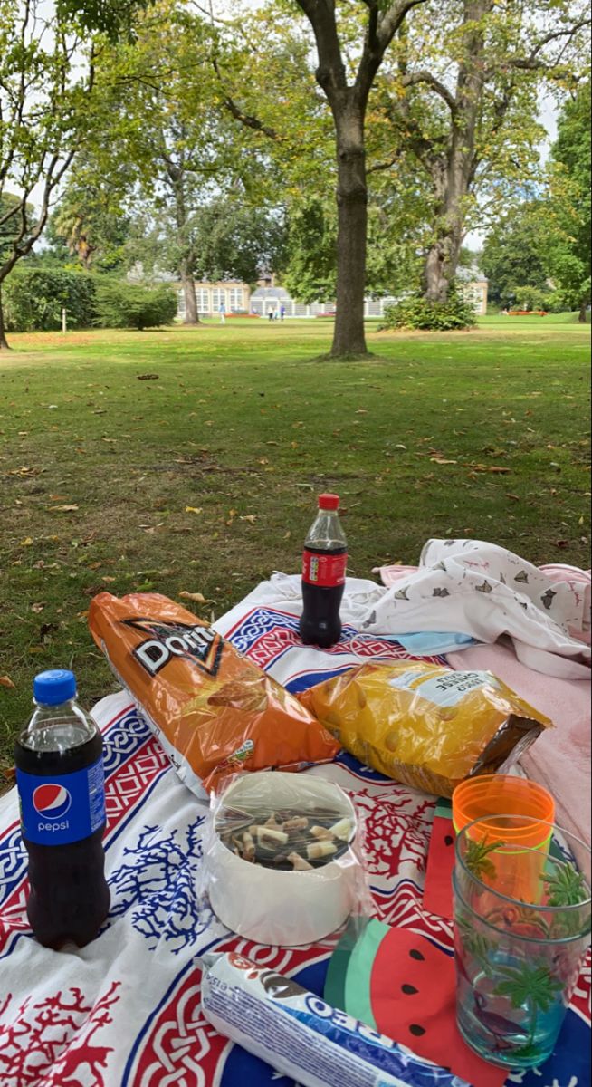 a picnic table with food and drinks on it in the park, next to trees