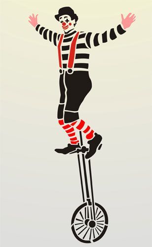 an image of a clown on a unicycle with his arms outstretched in the air