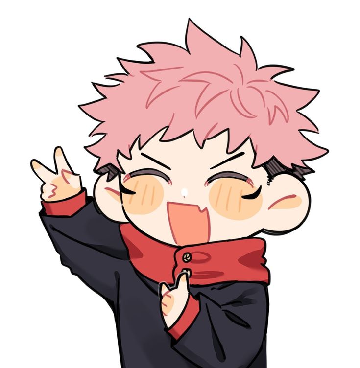 an anime character with pink hair and red scarf holding his hand up to the side