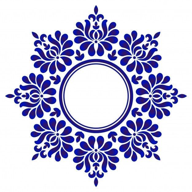 a blue circular frame with leaves on it