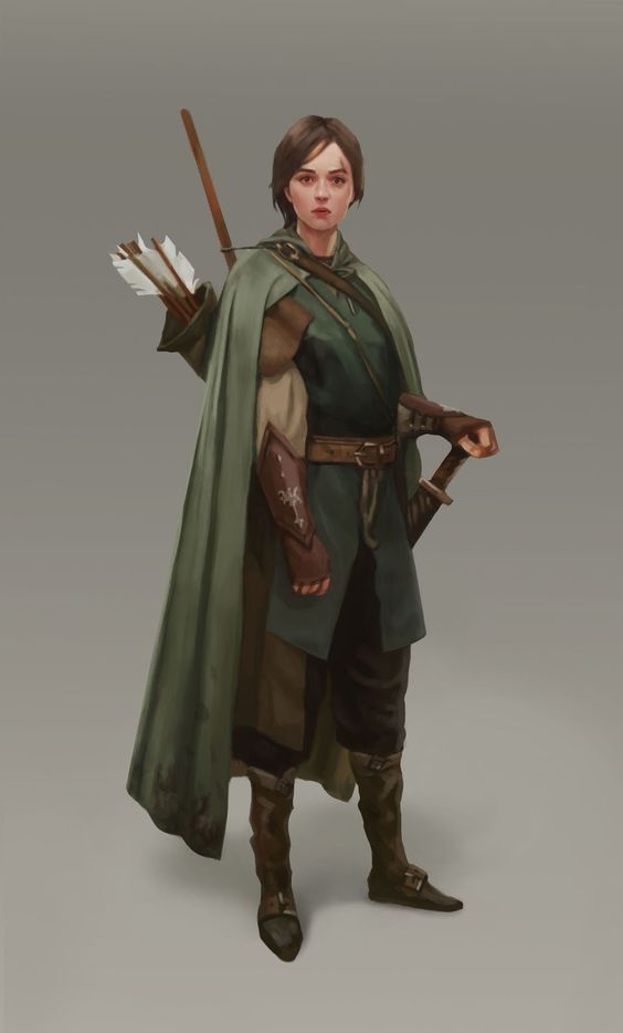 a man dressed in medieval clothing holding two arrows and wearing a green cape with an arrow on it