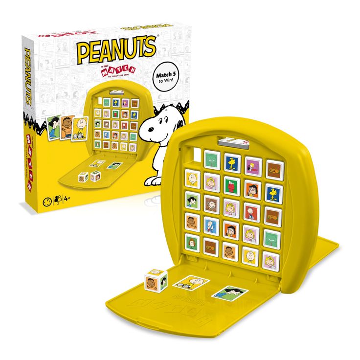 the peanuts game is in its yellow case and it's open to reveal an image