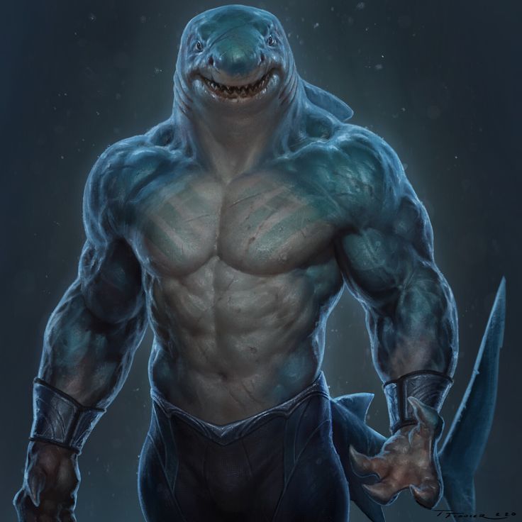 an image of a man with a shark like body and claws on his chest holding a knife