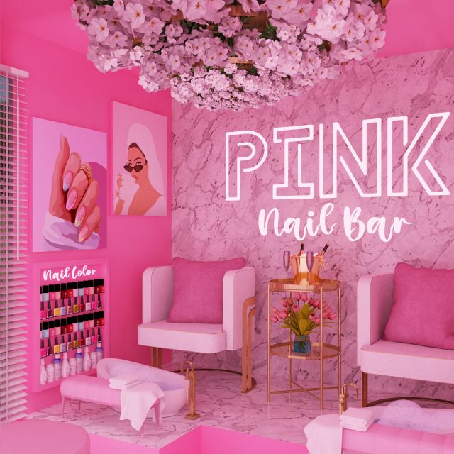 the pink nail bar is decorated with white and pink furniture, flowers hanging from the ceiling