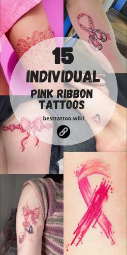 pink ribbon tattoos with the words, 15 individual pink ribbon tattoos