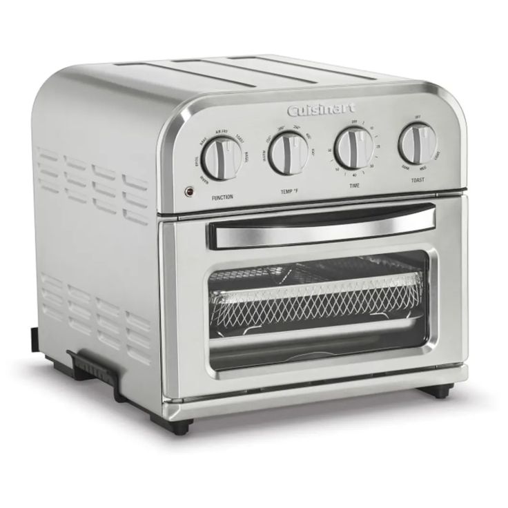 a silver toaster oven sitting on top of a white counter