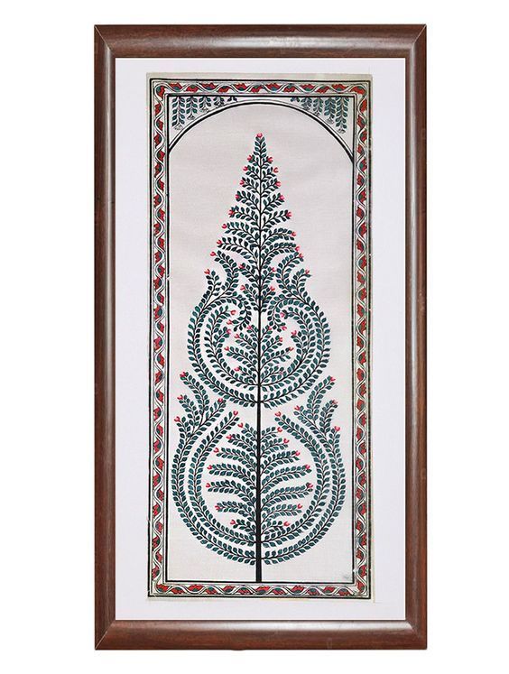 a framed painting with a tree on it's side and an ornate border around the edges