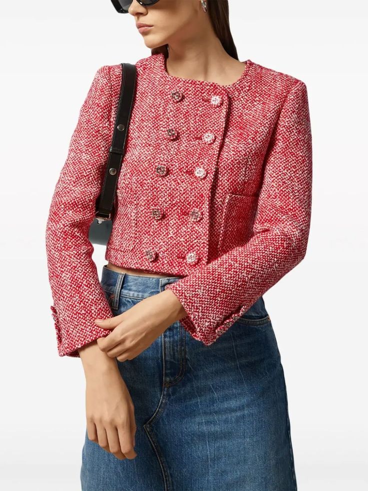 Gucci double-breasted Tweed Jacket - Farfetch Tweed Jacket Street Style, Red Tweed Jacket, Dolce E Gabbana, Red Wool, Red Jacket, Tweed Jacket, Nike Air Jordan, Square Neck, Miu Miu