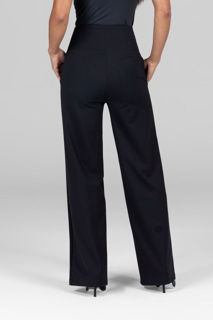 Why we love this: Elevate your style by discovering the true elegance of our High Waisted Wide Leg Pant. Crafted from comfortable 4-way stretch fabric, these pull on pants offer a flattering high waist, functional side pockets, and wide leg design for a chic and sophisticated look without compromising on comfort. Our versatile pants are designed to effortlessly transition from work to weekend. Features: KiraGrace PowerSmooth Ponte: Hold its shape throughout the day and provides exceptional cover Versatile Stretch Sweatpants For Work, Chic Black Elastane Yoga Pants, Stylish Black Yoga Pants, Formal Elastane Bottoms, Versatile Full-length Sweatpants For Work, Chic Straight Yoga Pants With Elastic Waistband, Comfort Stretch Full-length Bottoms For Workwear, Versatile Black Dress Pants With Elastic Waistband, Stretch Wide Leg Yoga Pants For Work