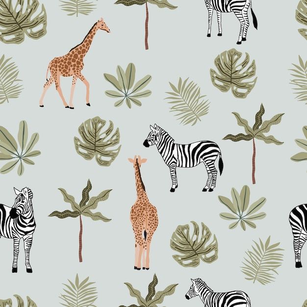 zebras and giraffes are depicted on a blue background with green leaves