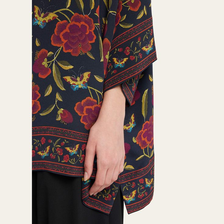 Eskandar floral-print long tunic  Bateau neckline 3/4 sleeves Hem hits above the knee Long length  Silk Made in Poland Bateau Neckline, Floral Tunic, Long Tunic, Bergdorf Goodman, Long Length, Above The Knee, The Knee, Poland, Tops Designs