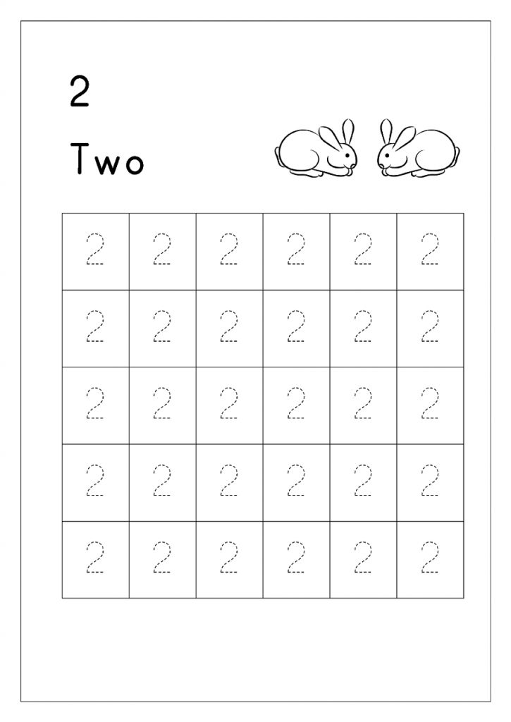 the number two worksheet for numbers 2 and 3, with an image of two rabbits