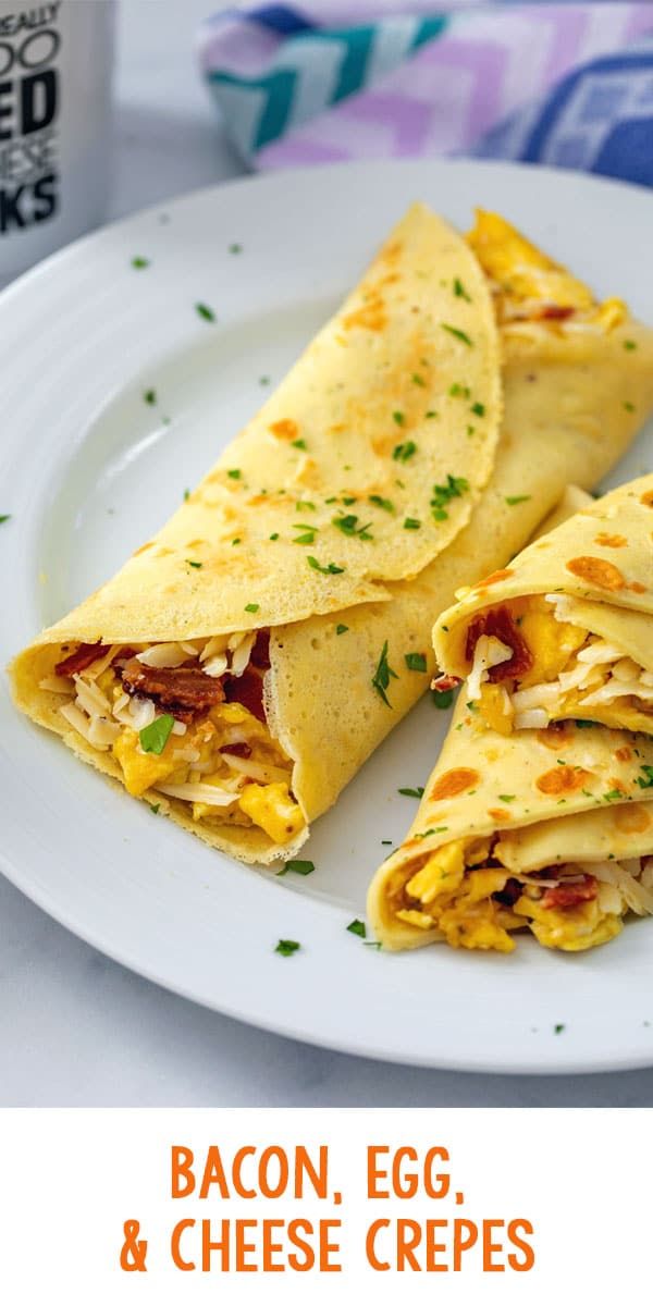 two quesadillas on a plate with bacon, egg and cheese crepes