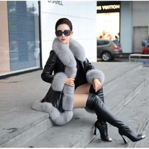 Long Winter Leather Jacket Slim Fit Black With Silver Fox Fur Trendy Bodysuits, Trendy Maternity Outfits, Winter Leather Jackets, Trendy Coat, Trendy Activewear, Trendy Leggings, Trendy Outerwear, Trendy Hoodies, Coat Outfit