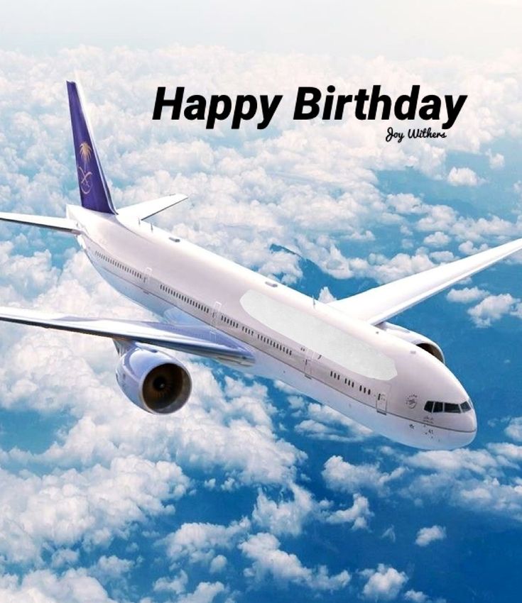 an airplane flying in the sky with clouds below it and a happy birthday message above