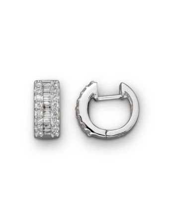 Round and baguette diamond hoop earrings shine in 14K white gold. White Gold Diamond Baguette-cut Earrings, Platinum Diamond Earrings With Baguette Diamonds In White Gold, White Gold Baguette Cut Diamond Earrings With Accents, White Gold Diamond Accent Baguette Earrings, Platinum Earrings With Baguette Cut Diamonds, Platinum Diamond Earrings With Baguette Diamonds For Anniversary, Anniversary White Gold Baguette Diamond Earrings, Classic Silver Baguette-cut Hoop Earrings, Classic Silver Baguette Cut Hoop Earrings