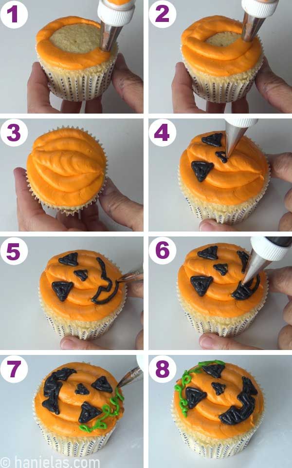 how to make a halloween cupcake with icing and pumpkins on it, step by step