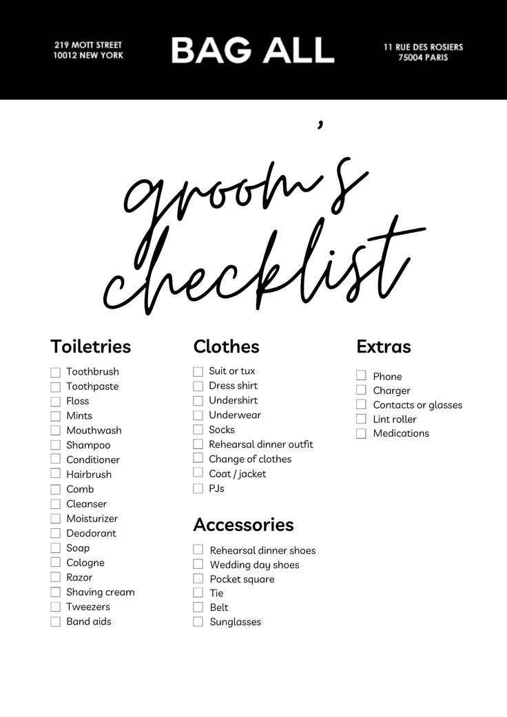 the bag all groom's checklist is shown in black and white with text