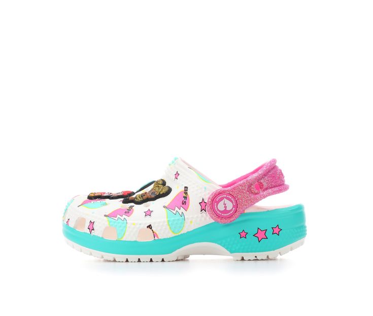 Bring a touch of excitement to your little one's footwear with the Crocs Classic LOL Surprise BFF Clogs. These clogs showcase a playful design featuring LOL Surprise characters, creating a vibrant and fun look that kids adore. The iconic Crocs comfort is not compromised, with the lightweight and cushioned Croslite™ material ensuring all-day comfort. Let your child step into the day with their favorite BFFs in these whimsical and comfortable clogs. Slip-on for easy entry, Pivoting heel straps for Lol Surprise Characters, Playful Design, Strap Heels, Online Purchase, Baby Toddler, Clogs, The Day, Size 7, Slip On