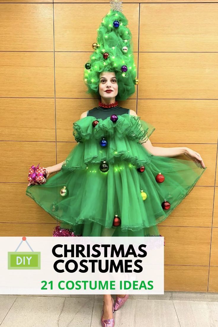 a woman dressed up as a christmas tree with decorations on her head and green dress