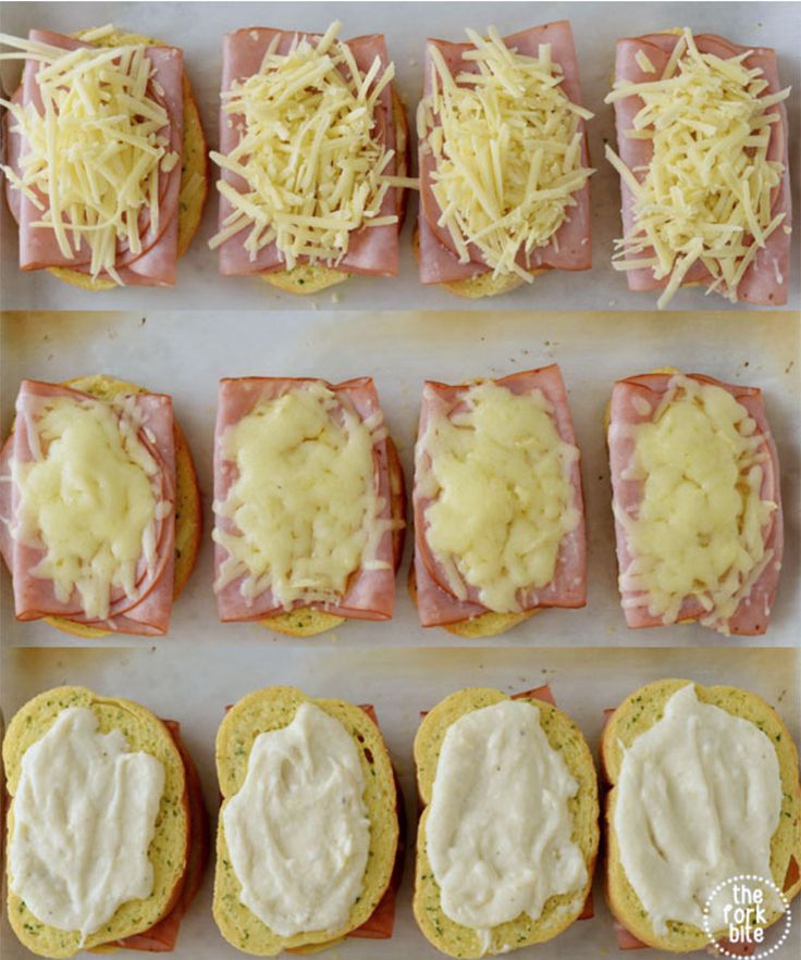 ham and cheese sandwiches are arranged on a baking sheet