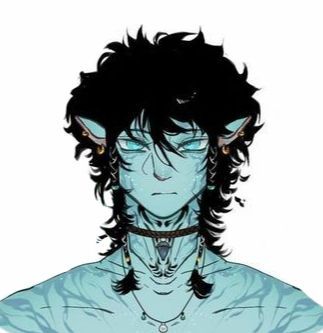 an anime avatar with black hair and piercings on his chest, wearing a choker