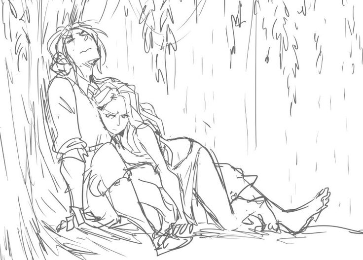 a black and white drawing of two people sitting in the rain, one is holding an umbrella