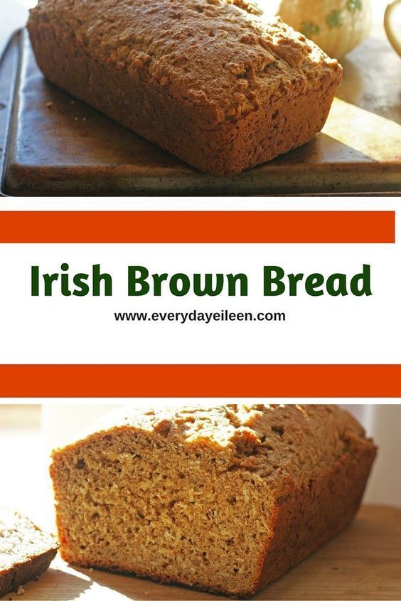 two pictures of irish brown bread on a cutting board with the title above it in red and white