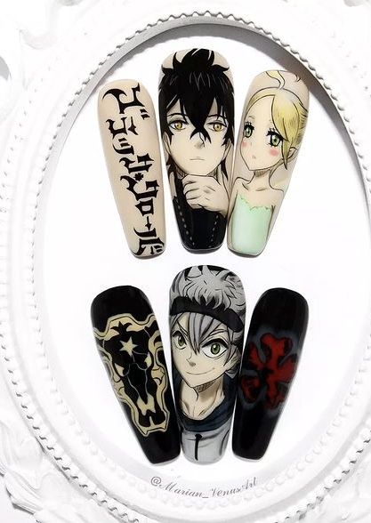 Black Clover Nails Anime, Seven Deadly Sins Nail Art, Black Clover Nails, Bi Nails, Nail Anime, Anime Nail, Anime Nails, Black Clover Anime, Nails Desing