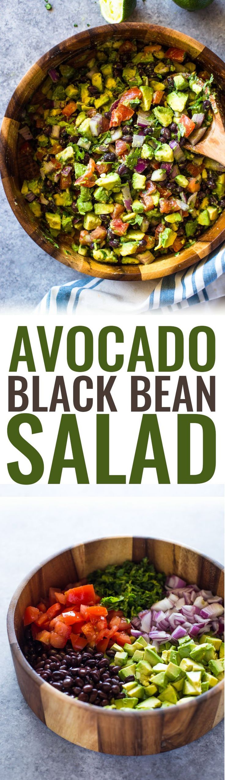 an image of black bean salad with avocado in the background and text overlay