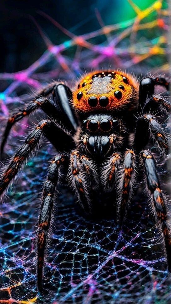 a large spider sitting on top of a piece of plastic covered in multicolored thread