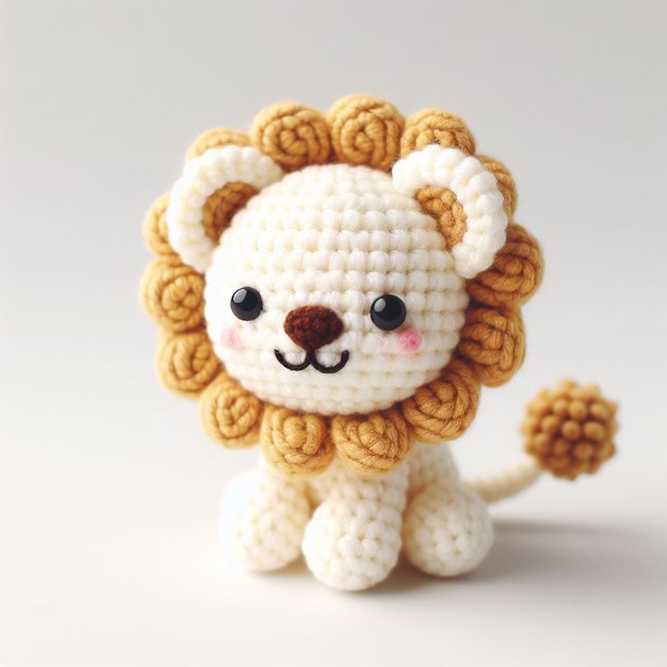 a small crocheted lion sitting on top of a white table