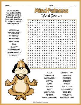 the word search for mindfulness worksheet is shown in brown and white