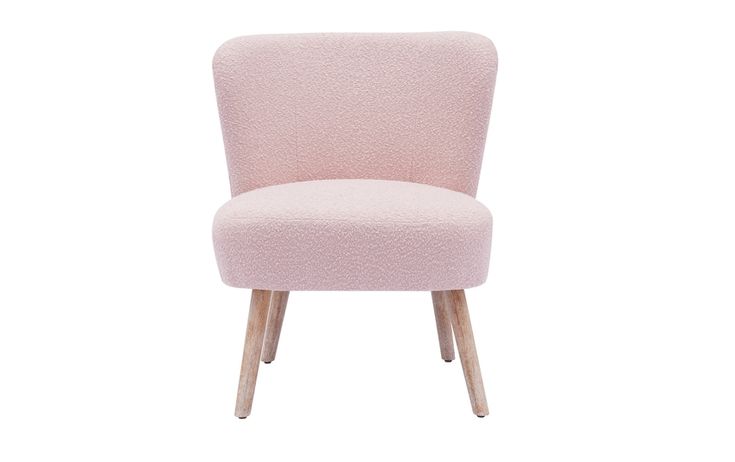 a pink chair with wooden legs on a white background