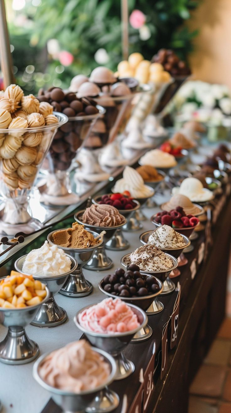 an assortment of desserts and pastries are on display at a buffet table in front of a christmas tree