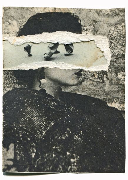 an old photo with torn up paper on top of the woman's head and feet